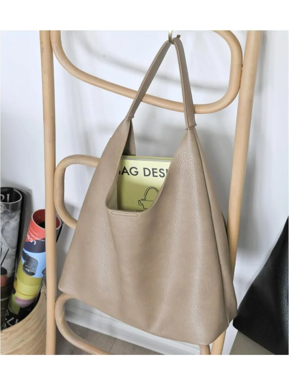 Women's Nude Soft Vegan Leather Hobo Shoulder Bag Slouchy Tote Purse